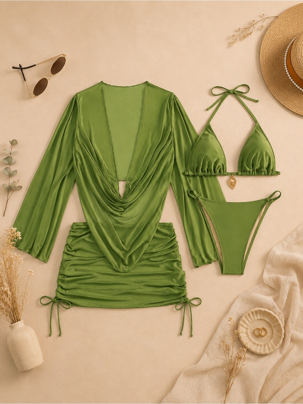 Olive Green 3-Piece Swim Cover Set